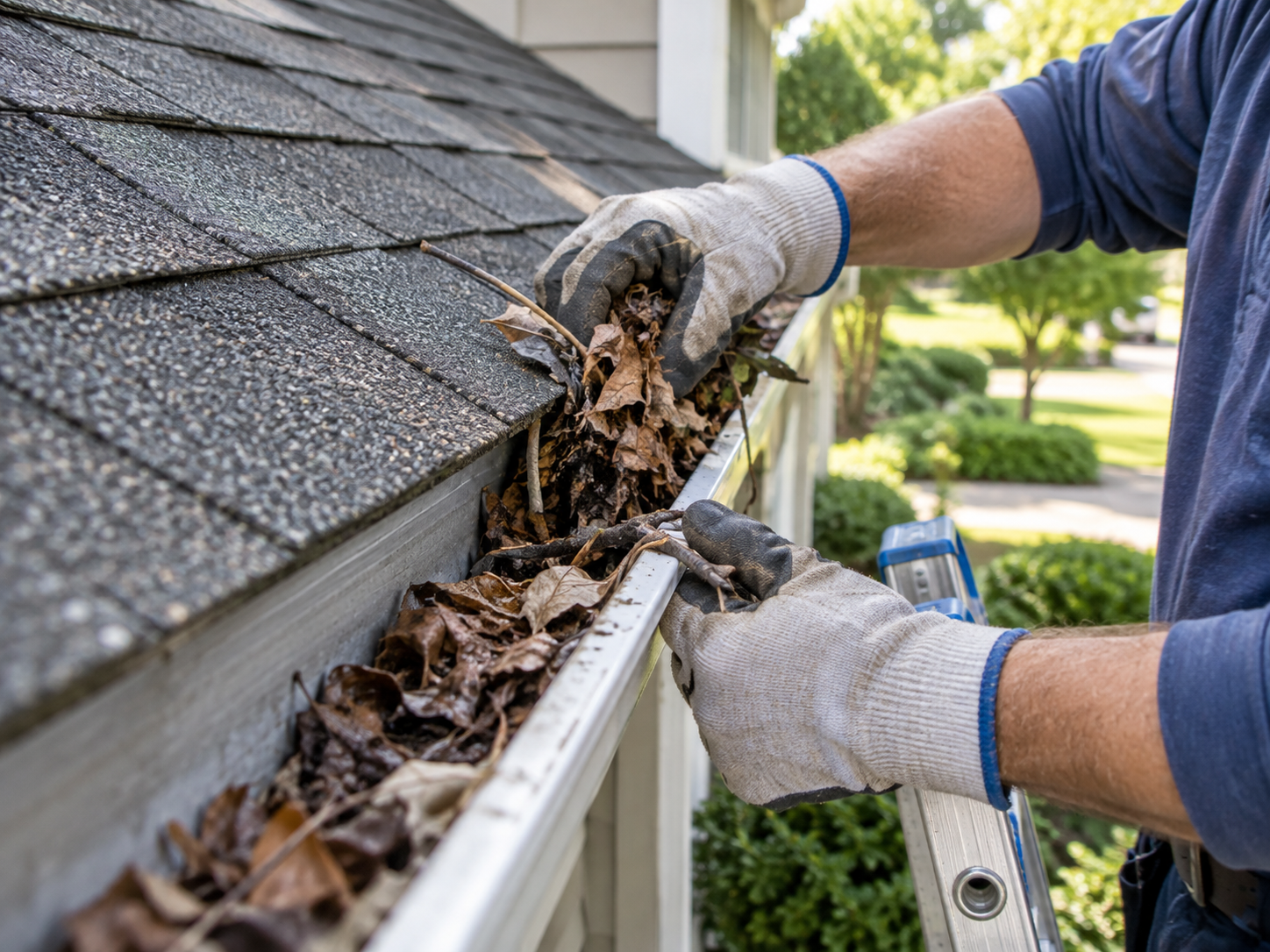 Close-up of gloved hands clearing debris from a residential gutter during exterior maintenance