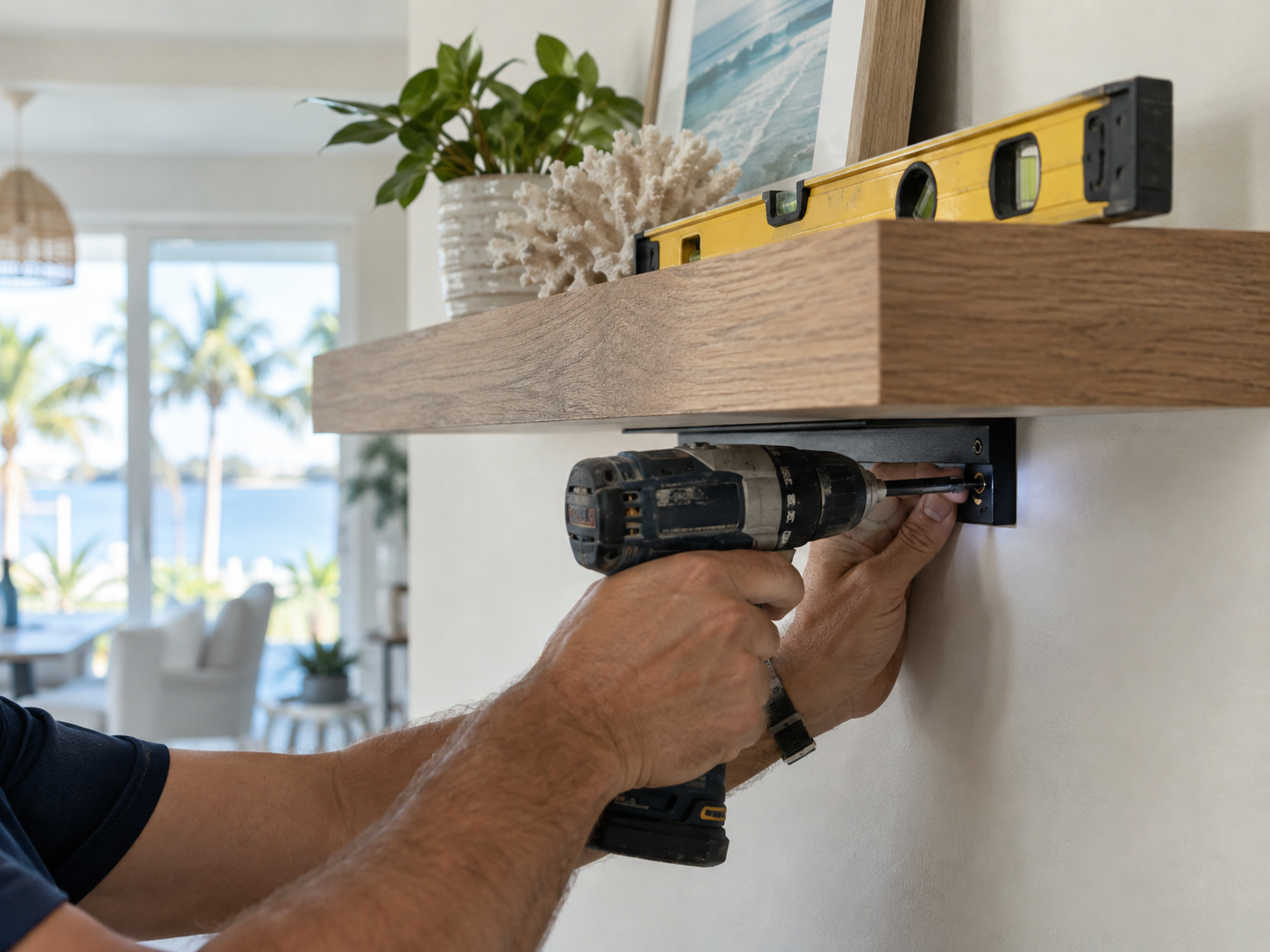 Close-up of a cordless driver fastening a wall-mounted shelf bracket during an interior installation